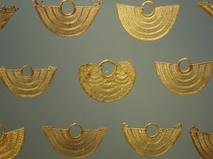 Gold earrings made from tiny gold threads. 