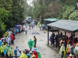 The endless line of soaking wet returnees. We opted to walk down to have money to eat. 